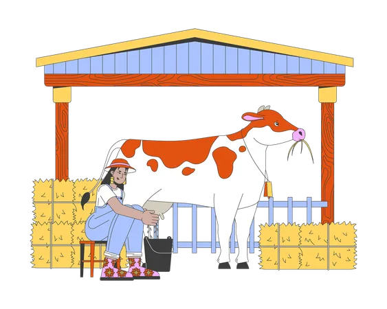 African american female farmer milking cow  Illustration