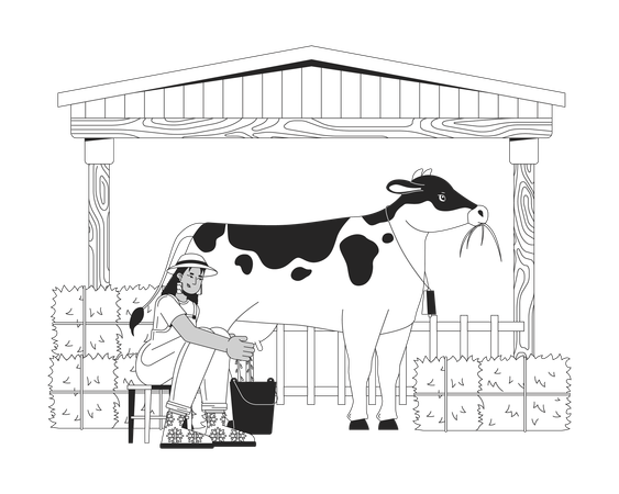 African american female farmer milking cow  Illustration