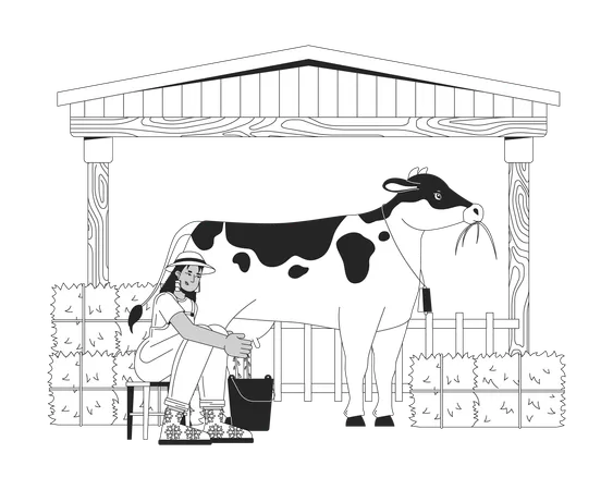 African american female farmer milking cow  Illustration