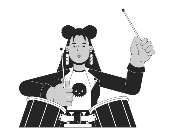 African American Female Musician Playing Drums Black And White 2 D Line Cartoon Character Cool Drummer Girl Holds Sticks Isolated Vector Outline Person Performer Monochromatic Flat Spot Illustration 일러스트레이션