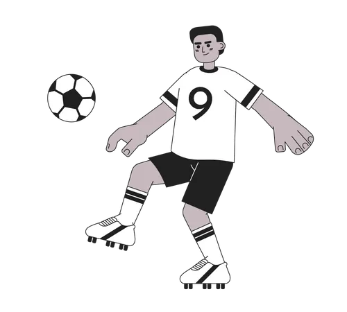 African American Footballer Monochromatic Flat Vector Character Man Kicking Ball Sport Game Editable Thin Line Full Body Person On White Simple Bw Cartoon Spot Image For Web Graphic Design Illustration