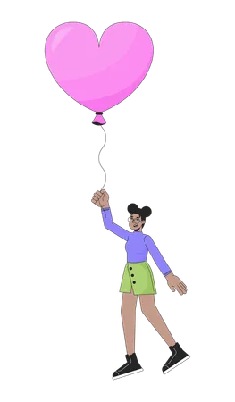 African American Girl Flying With Balloon In Hands 2 D Linear Cartoon Character Heart Shaped Baloon Black Female Isolated Line Vector Person White Background Dreamy Color Flat Spot Illustration Illustration