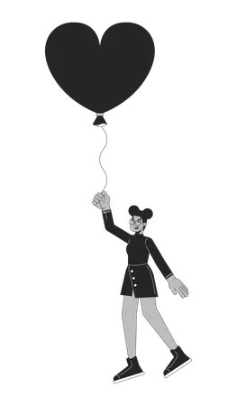 African American Girl Flying With Balloon In Hands Black And White 2 D Line Cartoon Character Heart Shaped Baloon Black Female Isolated Vector Outline Person Monochromatic Flat Spot Illustration Illustration