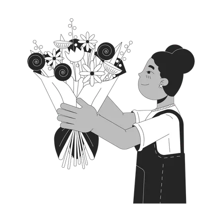 African American Girl Giving Flowers Black And White 2 D Line Cartoon Character Black Female Child Isolated Vector Outline Person Floral Arrangement Childhood Monochromatic Flat Spot Illustration Illustration