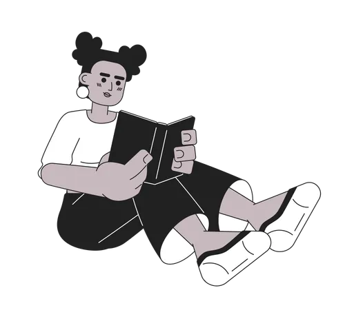 African American Girl Reading Book Black And White 2 D Cartoon Character Black Young Woman Sitting With Book Isolated Vector Outline Person Bookworm Female Monochromatic Flat Spot Illustration Illustration
