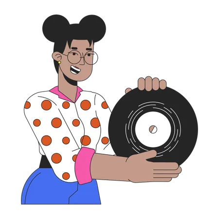 African American Girl Showing Vinyl Record 2 D Linear Cartoon Character Gen Z Black Woman Retro Music Lover Isolated Line Vector Person White Background Nostalgia Hobby Color Flat Spot Illustration Illustration