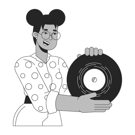 African American Girl Showing Vinyl Record Black And White 2 D Line Cartoon Character Gen Z Black Woman Retro Music Lover Isolated Vector Outline Person Nostalgia Monochromatic Flat Spot Illustration Illustration