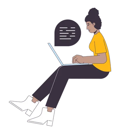 컴퓨터 플랫 라인 컬러 벡터 문자를 입력하는 아프리카계 미국인 소녀 편집 가능한 개요 전신 여성 측면 보기는 흰색으로 통신합니다 웹 그래픽 디자인을 위한 간단한 만화 지점 그림 일러스트레이션