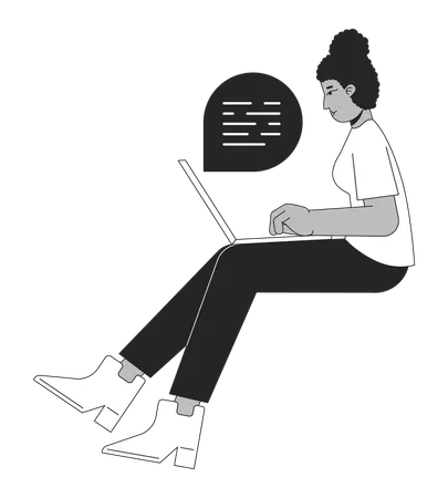 African American Girl Typing On Computer Flat Line Black White Vector Character Editable Outline Full Body Woman Side View Communicate Simple Cartoon Isolated Spot Illustration For Web Graphic Design Illustration