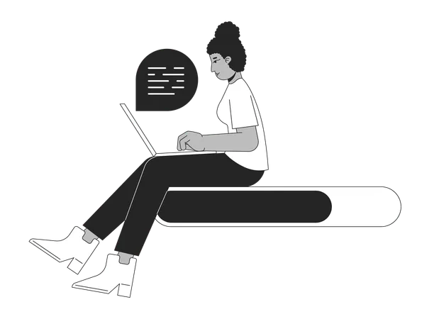 アフリカ系アメリカ人の女の子がラップトップで入力しています。黒と白の読み込みバーのフラットデザイン。プログラミング。 Web ローダー UI UX。グラフィカル ユーザー インターフェイス。白い背景のアウトライン漫画ベクトル イラスト イラスト