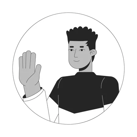 African American Guy Waving Happy Black And White 2 D Vector Avatar Illustration Male Black Student Saying Hello Outline Cartoon Character Face Isolated Greeting Gesture Flat User Profile Image Illustration