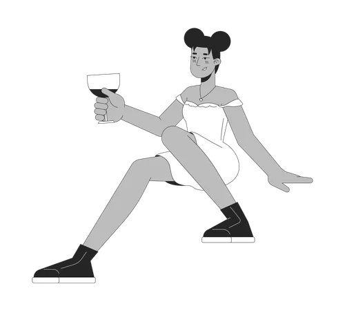 African American Happy Woman Wineglass Black And White 2 D Line Cartoon Character Wine Glass Holding Black Female Isolated Vector Outline Person Cocktail Drinking Monochromatic Flat Spot Illustration Illustration