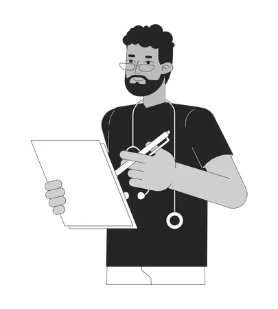 African American Male Nurse Checkup Medical Black And White 2 D Line Cartoon Character Doctor Monitoring Patient Health Isolated Vector Outline Person Hospital Monochromatic Flat Spot Illustration Illustration