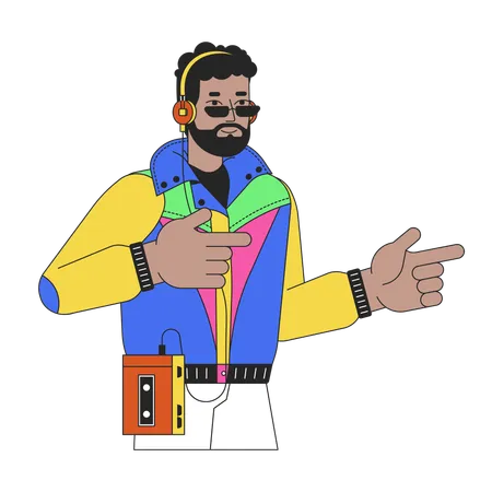 African American Man 80 S Finger Guns Gesture 2 D Linear Cartoon Character Black Bearded Male Isolated Line Vector Person White Background 90 S Nostalgia Lifestyle Color Flat Spot Illustration Illustration