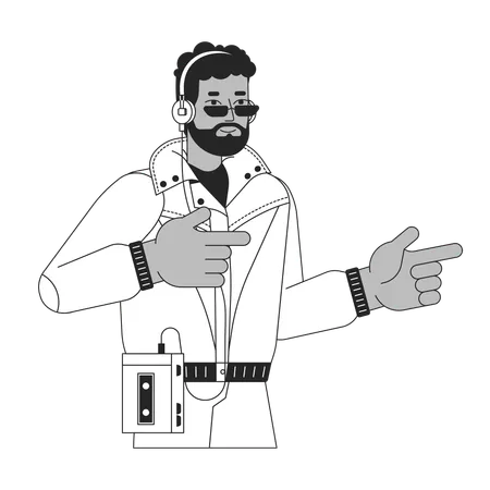 African American Man 80 S Finger Guns Gesture Black And White 2 D Line Cartoon Character Black Bearded Male Isolated Vector Outline Person 90 S Nostalgia Lifestyle Monochromatic Flat Spot Illustration Illustration