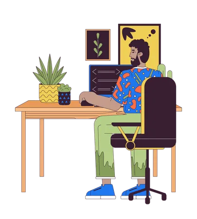 African American Man At Computer 2 D Linear Cartoon Character Web Developer Working At Home Office Isolated Line Vector Person White Background Freelance Job Color Flat Spot Illustration Illustration