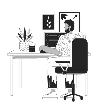 African American Man At Computer Black And White 2 D Line Cartoon Character Web Developer Working At Home Office Isolated Vector Outline Person Freelance Job Monochromatic Flat Spot Illustration Illustration