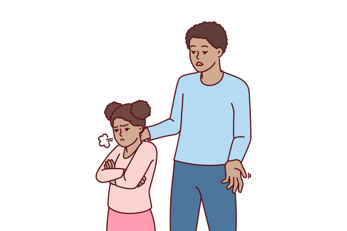 African American man comforts offended preteen girl after argument or punishment  イラスト