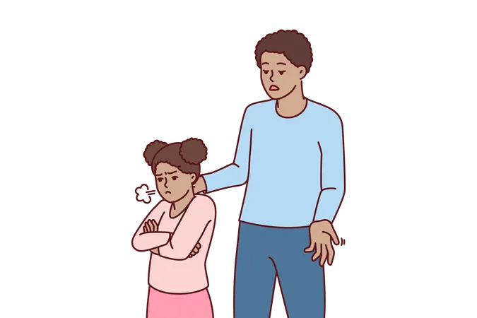 African American Man Comforts Offended Preteen Girl After Argument Or Punishment Due To Bad Grades In School Offended Child Turned Away From Father Who Does Not Want To Spend Time Together Illustration