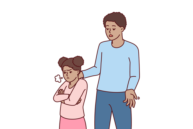 African American man comforts offended preteen girl after argument or punishment  Illustration