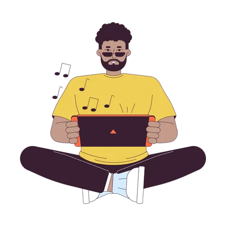 African American Man Enjoying Gaming Console 2 D Linear Cartoon Character Gadget Sunglasses Black Man Isolated Line Vector Person White Background Handheld Device Gamer Color Flat Spot Illustration イラスト