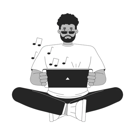 African American Man Enjoying Gaming Console Black And White 2 D Line Cartoon Character Gadget Sunglasses Man Isolated Vector Outline Person Handheld Device Gamer Monochromatic Flat Spot Illustration 일러스트레이션