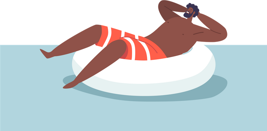 African American Man Enjoys Swimming In Pool Using An Inflatable Ring  Illustration