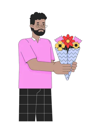 African American Man Holding Bouquet Of Flowers 2 D Linear Cartoon Character Black Adult Male Isolated Line Vector Person White Background Flower Shop Customer Color Flat Spot Illustration Illustration