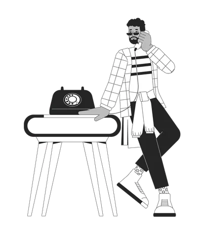 Talking On Rotary Dial Phone Black And White Cartoon Flat Illustration Black Guy Sunglasses Call Making 80 S 2 D Lineart Character Isolated Nostalgia Fashion Monochrome Scene Vector Outline Image 일러스트레이션
