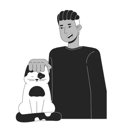 African American Adult Man Petting Cat Black And White 2 D Line Cartoon Character Braided Black Male Pet Owner Isolated Vector Outline Person Kitten Being Petted Monochromatic Flat Spot Illustration Illustration