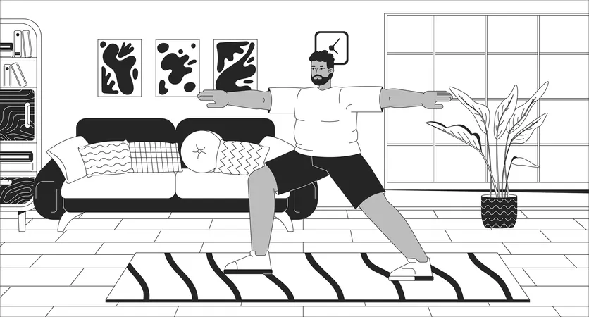 African American Corpulent Man Practicing Yoga Black And White Line Illustration Plump Black Male Exercising At Home 2 D Character Monochrome Background Active Lifestyle Outline Scene Vector Image Illustration
