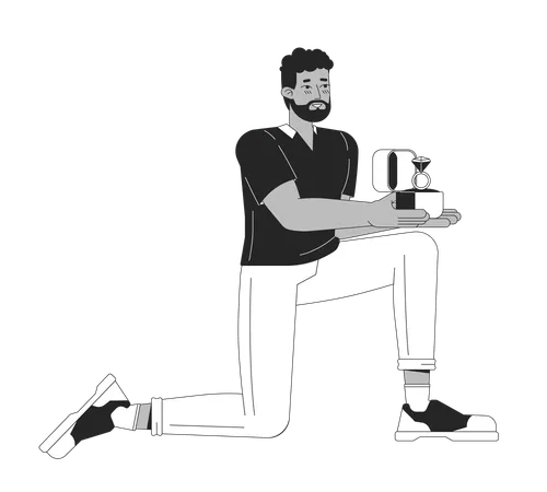 흑인과 백인 2 D 라인 만화 캐릭터를 제안하는 아프리카계 미국인 남자 한쪽 무릎에 약혼 반지를 끼고 있는 흑인 남성은 벡터 윤곽선으로 분리되어 있습니다 로맨스 단색 플랫 스팟 일러스트 일러스트레이션