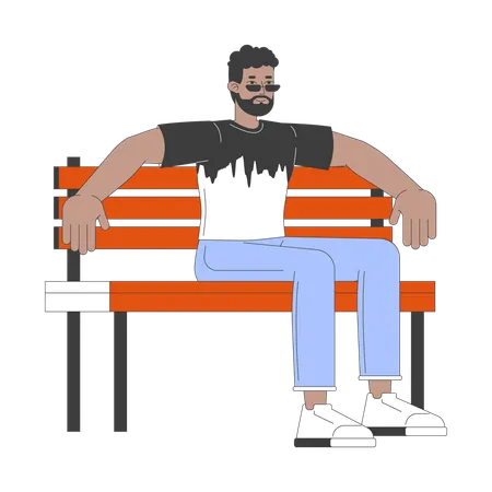 African American Man Sitting On Bench 2 D Linear Cartoon Character Black Male Resting On Seat Isolated Line Vector Person White Background Park Equipment For Visitors Color Flat Spot Illustration Illustration