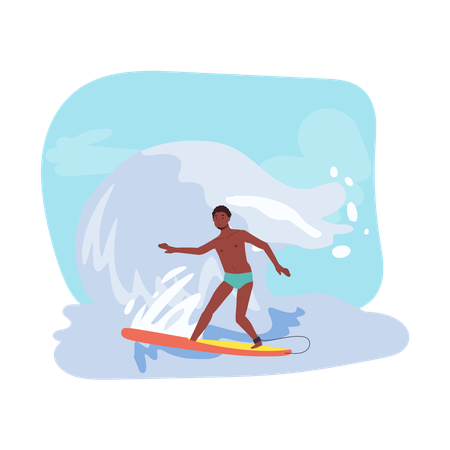 African american man Surfing with Surfboard on Big Wave  Illustration