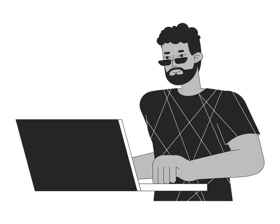 African American Man Using Laptop Black And White 2 D Line Cartoon Character Black Guy In Sunglasses At Computer Isolated Vector Outline Person Surfing Internet Monochromatic Flat Spot Illustration Illustration