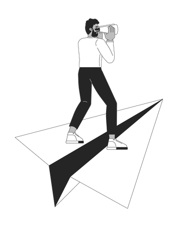 African american man with binoculars on paper plane  Illustration