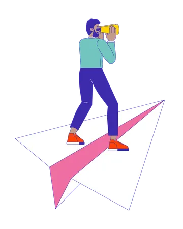 African american man with binoculars on paper plane  Illustration