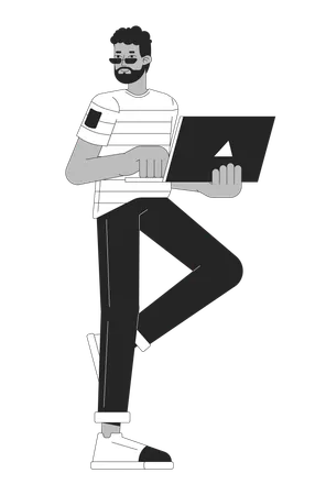 African American Man With Laptop Black And White 2 D Line Cartoon Character Black Student Using Computer Isolated Vector Outline Person Software Developer Job Monochromatic Flat Spot Illustration Illustration