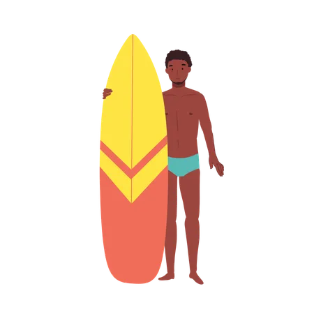 African american man with surfboard on the beach  Illustration