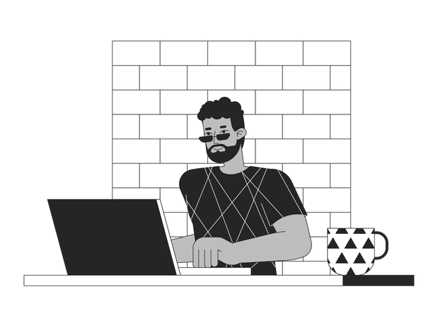 African american man working on laptop  イラスト