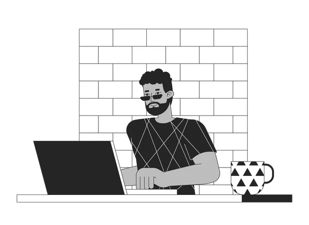 African American Man Working On Laptop Black And White 2 D Line Cartoon Character Male Employee Typing On Computer Isolated Vector Outline Person Office Workplace Monochromatic Flat Spot Illustration イラスト