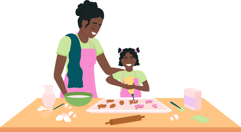 African american mother and daughter baking easter cookies  Illustration