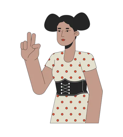 African American Peace Sign Girl 2 D Linear Cartoon Character Gesturing Two Fingers Up Isolated Line Vector Person White Background Position On Selfie Taking Nonverbal Color Flat Spot Illustration Illustration