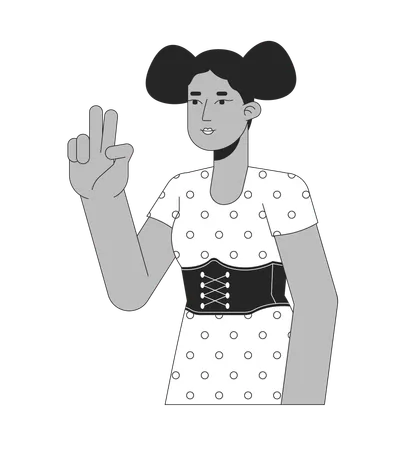 African American Peace Sign Girl Black And White 2 D Line Cartoon Character Gesturing Two Fingers Up Isolated Vector Outline Person Position On Selfie Taking Monochromatic Flat Spot Illustration Illustration