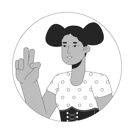 African American Peace Sign Girl Black And White 2 D Vector Avatar Illustration Gesturing Two Fingers Up Outline Cartoon Character Face Isolated Position On Selfie Taking Flat User Profile Image Illustration