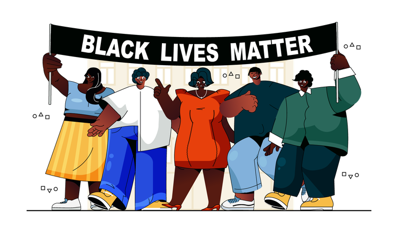 African american people holding rally placards and protesting together human rights fight  Illustration