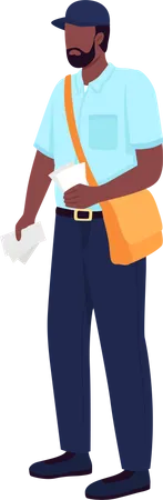 African American Postman Flat Color Vector Faceless Character Delivery Man With Envelopes Postal Service Essential Worker Isolated Cartoon Illustration For Web Graphic Design And Animation Illustration
