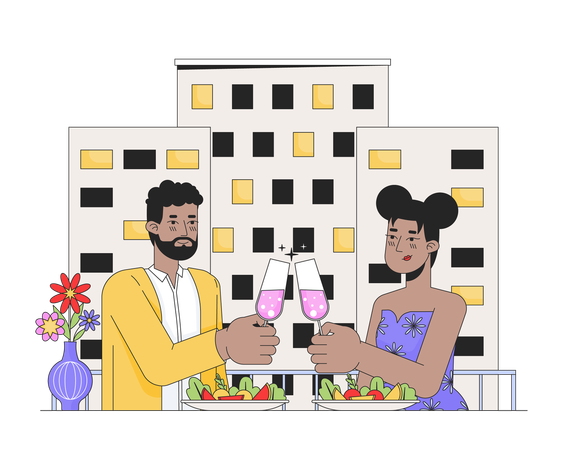 African american romantic couple dining  일러스트레이션