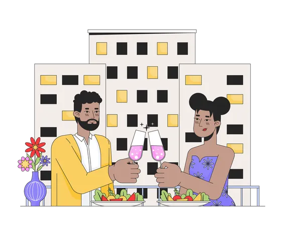 African American Romantic Couple Dining Line Cartoon Flat Illustration Lovers Glasses Clinking 2 D Lineart Characters Isolated On White Background Dating Valentine Day Scene Vector Color Image Illustration