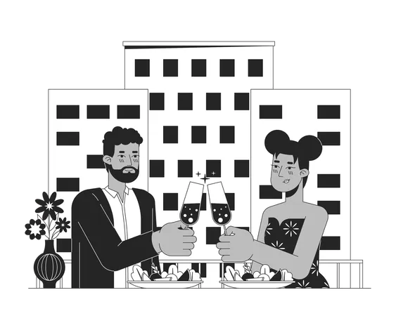 African American Romantic Couple Dining Black And White Cartoon Flat Illustration Lovers Glasses Clinking 2 D Lineart Characters Isolated Dating Valentine Day Monochrome Scene Vector Outline Image Illustration